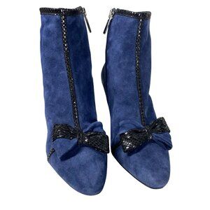 Karl Lagerfeld Mona Navy Blue leather Suede heeled Boots Bow Size 7.5 party